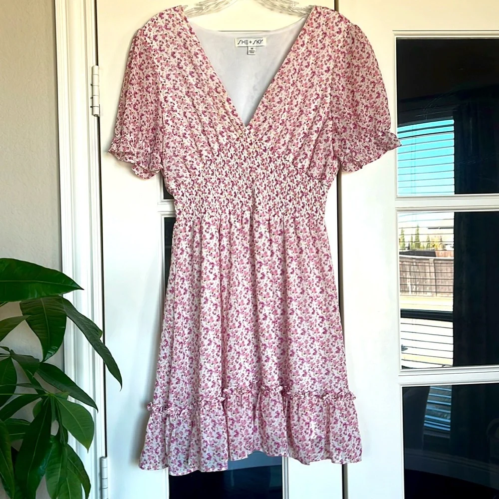 She+Sky pink floral sheer lined ruched waist v-neck boutique dress, Medium - Picture 1 of 8
